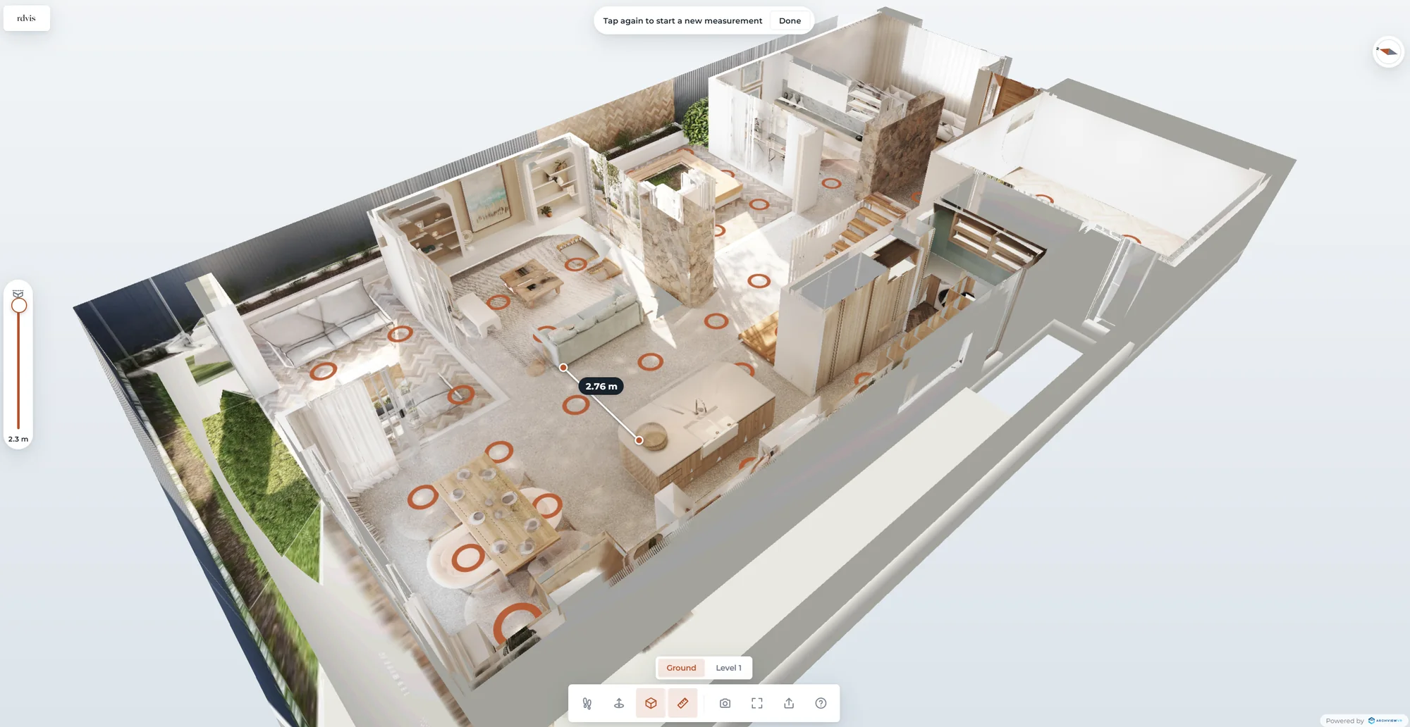 3D plan of a home's ground floor, cut at eye height, with a circle for each view and a 2.76 m measurement across the kitchen