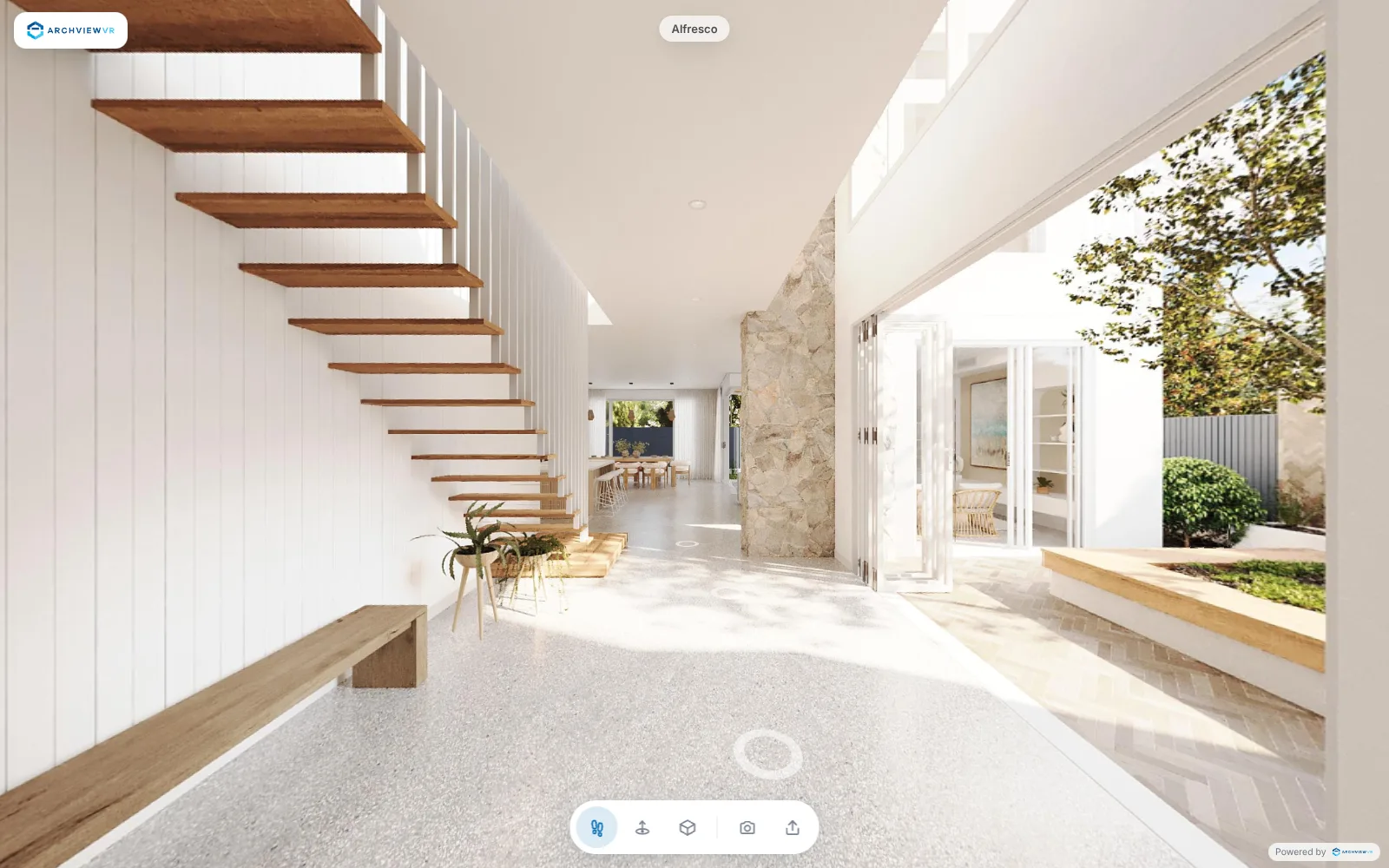 A home tour in walking mode: a hallway with timber stairs opening onto a courtyard